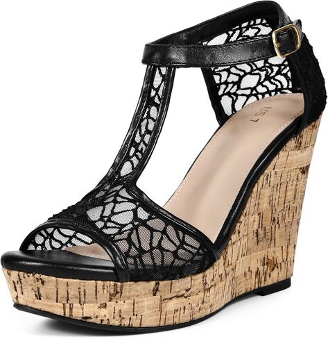 Perphy Lace T-Strap Open Toe Platform Wedges Heel Sandals for Women in Kuwait