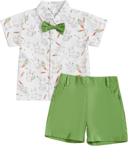 Toddler Baby Boy Easter Outfit Bunny Print Short Sleeve Button Down Shirt Pockets Shorts 2Pcs Set Gentleman Outfits in Kuwait