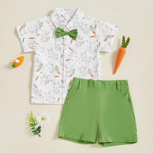 Toddler Baby Boy Easter Outfit Bunny Print Short Sleeve Button Down Shirt Pockets Shorts 2Pcs Set Gentleman Outfits in Kuwait