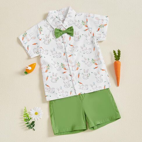 Toddler Baby Boy Easter Outfit Bunny Print Short Sleeve Button Down Shirt Pockets Shorts 2Pcs Set Gentleman Outfits in Kuwait