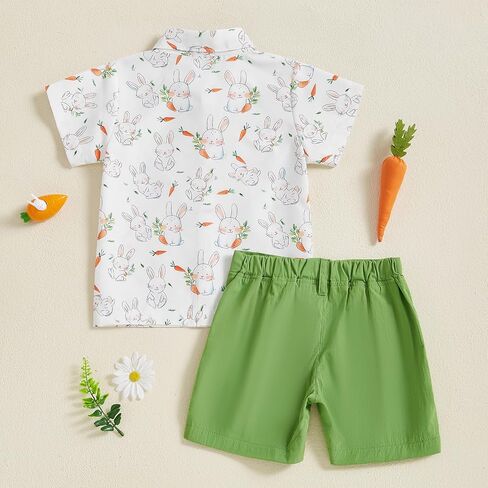 Toddler Baby Boy Easter Outfit Bunny Print Short Sleeve Button Down Shirt Pockets Shorts 2Pcs Set Gentleman Outfits in Kuwait