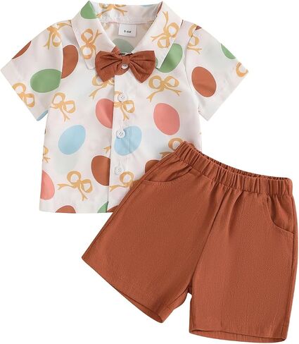 Toddler Baby Boy Easter Outfit Bunny Print Short Sleeve Button Down Shirt Pockets Shorts 2Pcs Set Gentleman Outfits in Kuwait