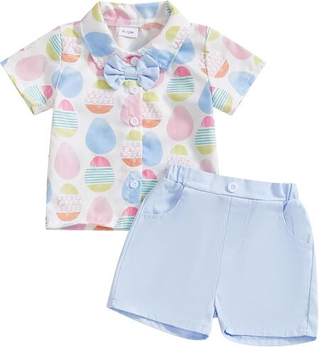 Toddler Baby Boy Easter Outfit Bunny Print Short Sleeve Button Down Shirt Pockets Shorts 2Pcs Set Gentleman Outfits in Kuwait