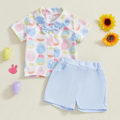 Toddler Baby Boy Easter Outfit Bunny Print Short Sleeve Button Down Shirt Pockets Shorts 2Pcs Set Gentleman Outfits in Kuwait