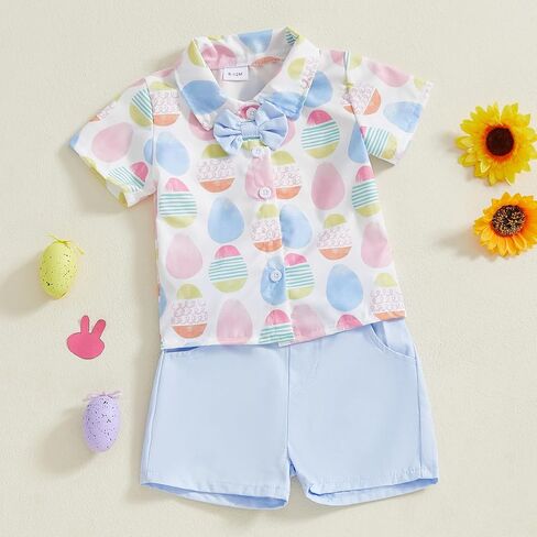 Toddler Baby Boy Easter Outfit Bunny Print Short Sleeve Button Down Shirt Pockets Shorts 2Pcs Set Gentleman Outfits in Kuwait