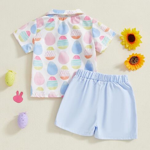 Toddler Baby Boy Easter Outfit Bunny Print Short Sleeve Button Down Shirt Pockets Shorts 2Pcs Set Gentleman Outfits in Kuwait