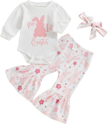 Suolongsama My First Easter Baby Girl Outfit Newborn Rabbit Romper Bodysuit Bell Bottom Pants Flare Pants Headband 3Pcs Set in Saudi Arabia