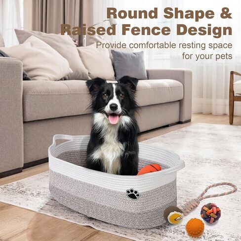 سلة لعبة الكلاب ، صندوق ألعاب وعبن لتخزين القطط الكلاب ، 19.7 "× 11" × 7.9 "(30 لتر) سلة منسوجة كبيرة للتخزين بطانية ، سلة حبل لغرفة المعيشة ، غرفة نوم ، بيضاء وبني in Kuwait