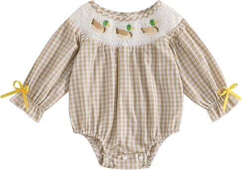 SAYOO Baby Girls Duck Romper Mallard Duck Embroidery Smocked Bubble Romper Bodysuit Newborn Infant Toddler Hunting Outfit in Saudi Arabia