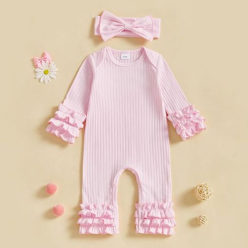Newborn Baby Girl Clothes Jumpsuit Ruffle Romper Bodysuit Pants Headband One-Piece Coming Home Hospital Outfits in Kuwait