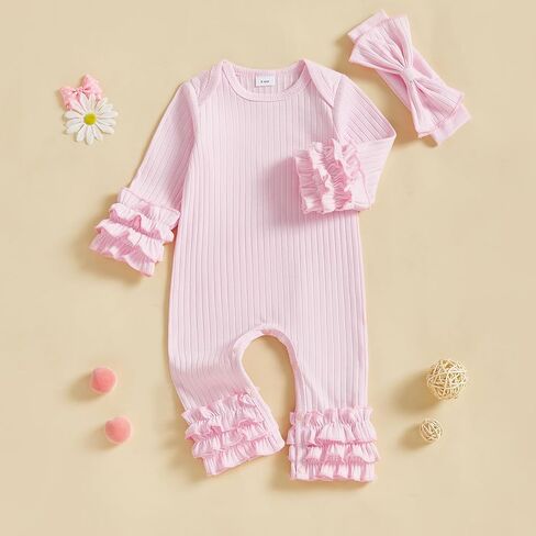 Newborn Baby Girl Clothes Jumpsuit Ruffle Romper Bodysuit Pants Headband One-Piece Coming Home Hospital Outfits in Kuwait