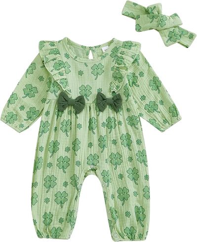 Newborn Baby Girl St Patricks Day Clothes Shamrock Ruffle Long Sleeve Romper Jumpsuit with Headband One Piece Outfit in Kuwait