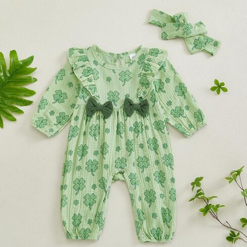 Newborn Baby Girl St Patricks Day Clothes Shamrock Ruffle Long Sleeve Romper Jumpsuit with Headband One Piece Outfit in Kuwait