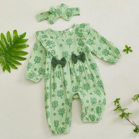 Newborn Baby Girl St Patricks Day Clothes Shamrock Ruffle Long Sleeve Romper Jumpsuit with Headband One Piece Outfit in Kuwait