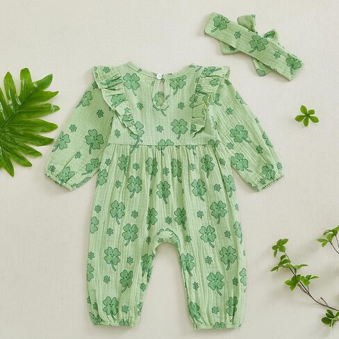 Newborn Baby Girl St Patricks Day Clothes Shamrock Ruffle Long Sleeve Romper Jumpsuit with Headband One Piece Outfit in Kuwait