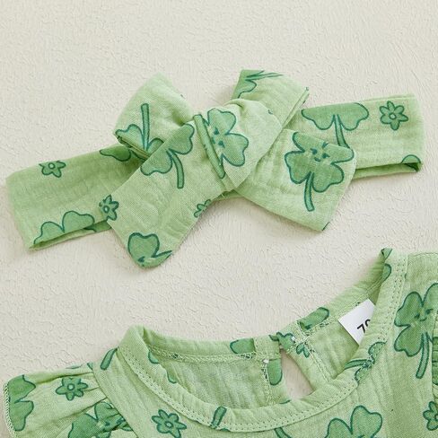 Newborn Baby Girl St Patricks Day Clothes Shamrock Ruffle Long Sleeve Romper Jumpsuit with Headband One Piece Outfit in Kuwait