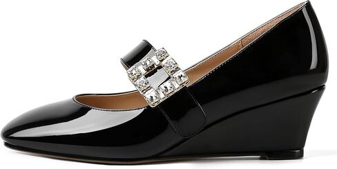 NUMALEO Womens Bungee Rhinestone Dating Solid Patent Square Toe Ankle Strap Cute Wedge Low Heel Pumps Shoes 2 Inch in Kuwait