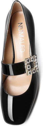 NUMALEO Womens Bungee Rhinestone Dating Solid Patent Square Toe Ankle Strap Cute Wedge Low Heel Pumps Shoes 2 Inch in Kuwait