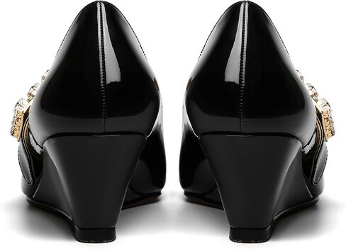 NUMALEO Womens Bungee Rhinestone Dating Solid Patent Square Toe Ankle Strap Cute Wedge Low Heel Pumps Shoes 2 Inch in Kuwait