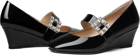 NUMALEO Womens Bungee Rhinestone Dating Solid Patent Square Toe Ankle Strap Cute Wedge Low Heel Pumps Shoes 2 Inch in Kuwait