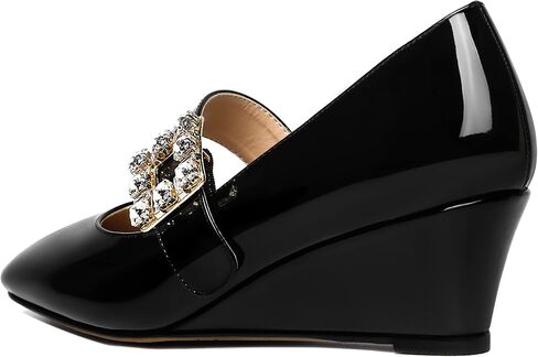NUMALEO Womens Bungee Rhinestone Dating Solid Patent Square Toe Ankle Strap Cute Wedge Low Heel Pumps Shoes 2 Inch in Kuwait