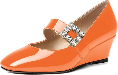 NUMALEO Womens Bungee Rhinestone Dating Solid Patent Square Toe Ankle Strap Cute Wedge Low Heel Pumps Shoes 2 Inch in Kuwait