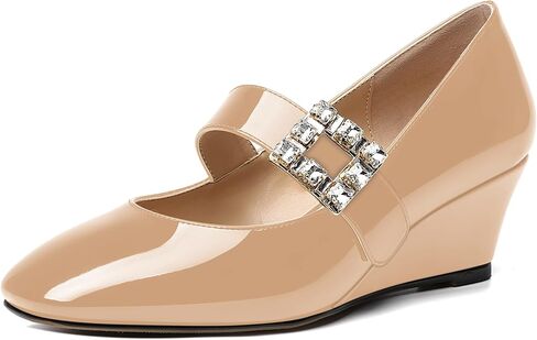 NUMALEO Womens Bungee Rhinestone Dating Solid Patent Square Toe Ankle Strap Cute Wedge Low Heel Pumps Shoes 2 Inch in Saudi Arabia