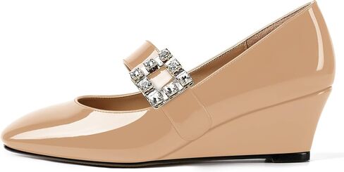 NUMALEO Womens Bungee Rhinestone Dating Solid Patent Square Toe Ankle Strap Cute Wedge Low Heel Pumps Shoes 2 Inch in Saudi Arabia