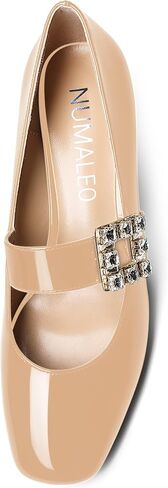 NUMALEO Womens Bungee Rhinestone Dating Solid Patent Square Toe Ankle Strap Cute Wedge Low Heel Pumps Shoes 2 Inch in Saudi Arabia