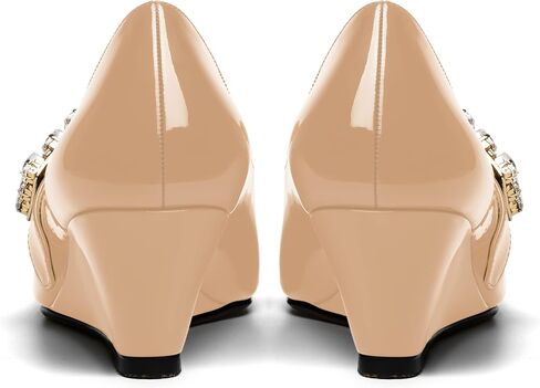 NUMALEO Womens Bungee Rhinestone Dating Solid Patent Square Toe Ankle Strap Cute Wedge Low Heel Pumps Shoes 2 Inch in Saudi Arabia