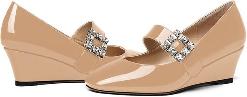 NUMALEO Womens Bungee Rhinestone Dating Solid Patent Square Toe Ankle Strap Cute Wedge Low Heel Pumps Shoes 2 Inch in Saudi Arabia