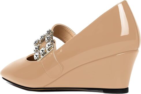 NUMALEO Womens Bungee Rhinestone Dating Solid Patent Square Toe Ankle Strap Cute Wedge Low Heel Pumps Shoes 2 Inch in Saudi Arabia