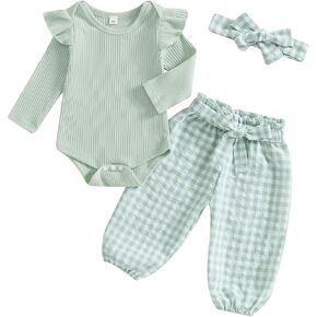 Emmababy Baby Girl Romper Plaid Pants Set Ribbed Bodysuit Long Sleeve Knitted Tops Pants Headbands Infant Christmas Outfits