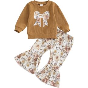 Toddler Baby Girl Outfits Bow Waffle Long Sleeve Tops and Floral Elastic Waist Flare Pants Infant Girl Fall Clothes