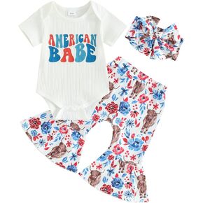 4th Of July Baby Girl Outfit USA Romper Bell Bottom Pant Set Patriotic Newborn Western Cow print Baby Girl Clothes