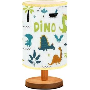 IEINTABRWNER Boho Bedside Table lamp Dinosaur Cute Kids colllection Set Little Cute Dinos Baby Dino Solid Wooden Base Flaxen Fabric Shade Nightstand Lamps for Bedroom Boy's Room Desk Light 5.5x11in