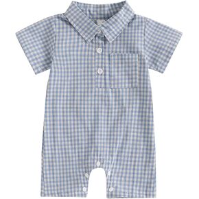 Karuedoo Newborn Baby Boy Clothes Gingham Polo Short Sleeve Romper Jumpsuit Plaid Button Down Collared Bodysuit Summer Outfit