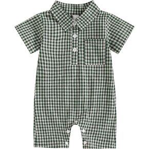 Karuedoo Newborn Baby Boy Clothes Gingham Polo Short Sleeve Romper Jumpsuit Plaid Button Down Collared Bodysuit Summer Outfit in Kuwait