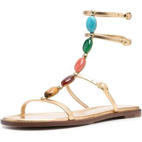 Kluolandi Jewelled Flat Gladiator Sandals for Women Gold T-strap Sandals Open Toe Summer Strappy Sandals