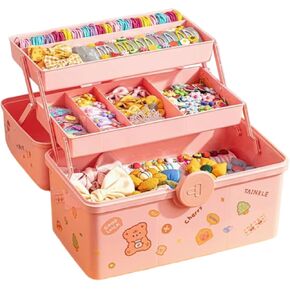 Hair Accessories Organizer for Girls Headbands, Clips, Ties,Baby Girl Supplies, Lockable Three-layer Folding Craft Organizers and Storage Plastic Kids Jewelry Box, Birthday Gifts for Little Girls