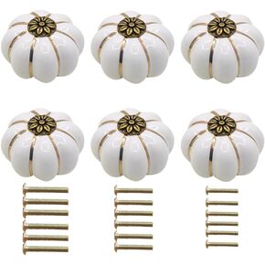 6PCS Furniture Pumpkin Cartoon Handles zinc Alloy Cabinet Doors Drawers Ceramic Antique Copper Colored Handles Single Hole Black and White European Style (6, White)