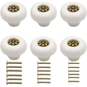 6PCS White Alloy Ceramic Knobs Button Round Cabinet Dresser Vintage Single Hole Pulls Door Handles Cupboard Wardrobe Drawer, Dia. 1.26 inch 32mm (6, White)