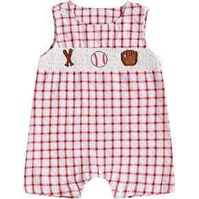 Chloefairy Newborn Baby Boy Girl Baseball Outfit Sleeveless Overalls Romper Smocked Baseball Bubble Summer Plaid Bodysuit