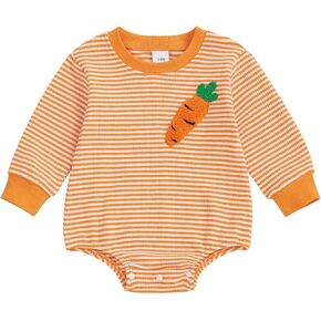 Baby Girl Boy Easter Outfit Bunny Carrot Embroidery Sweatshirt Romper Stripe Waffle Long Sleeve Bodysuit Tops