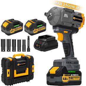 1500Nm Impact Wrench, 1/2" 1107ft-lbs Cordless Impact Gun with 2 x 4.0Ah Battery, 21V High Torque Power Impact Driver with 6 Sockets,Pistola Llave De Impacto for Truck RV Car Heavy Construction
