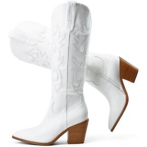 Cowboy Boots for Women Embroidered Pointy Toe Chunky Heeled Knee High Western Boots Shoes