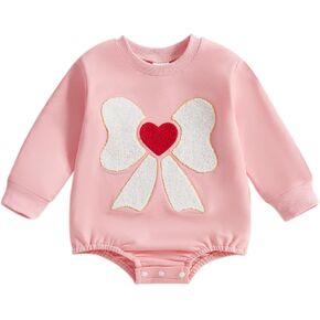 Valentines Baby Girl Outfit Bow Love Embroidery Long Sleeve Bubble Sweatshirt Romper Cute Fall Winter Clothes