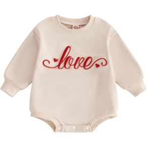 Valentines Baby Girl Outfit Bow Love Embroidery Long Sleeve Bubble Sweatshirt Romper Cute Fall Winter Clothes