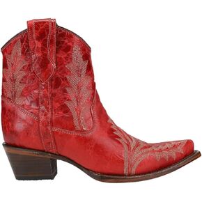 Corral Boots Womens Embroidered Snip Toe Pull On Casual Boots Ankle Low Heel 1-2" - Red