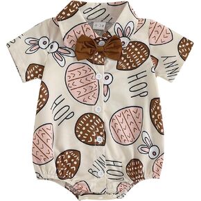 Karuedoo Newborn Baby Boy Easter Outfit Dress Shirt Bodysuit with Bowtie Button Down Short Sleeve Romper One-Piece Outfit in Kuwait
